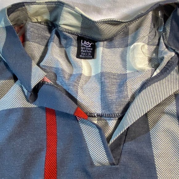 LILDY Womens L-XL Gray Red Line Plaid Pullover Blouse Shirt w/Bell Sleeves - Picture 5 of 14